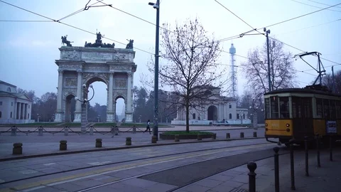 Old yellow tram in Milan Stock Footage 72786595