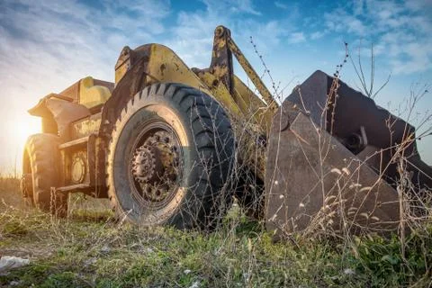 Old yellow wheel loader left in the field, view from the ground. Fotos Stock