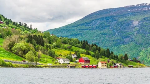 Olden and fiord in Time Lapse, Innvikfjorden, Norway Stock Footage 242374140