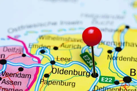 Oldenburg pinned on a map of Germany Stock Photos