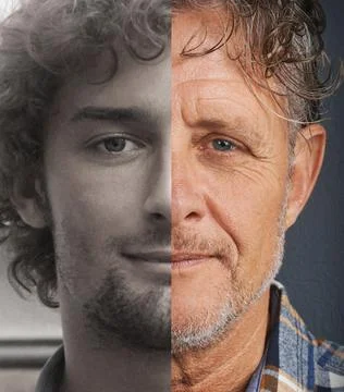 Older and wiser. Cropped split portrait of a young man and an older man. Stock Photos