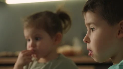 Older brother with his sister using a laptop or notebook while sitting on the Stock Footage 239726467