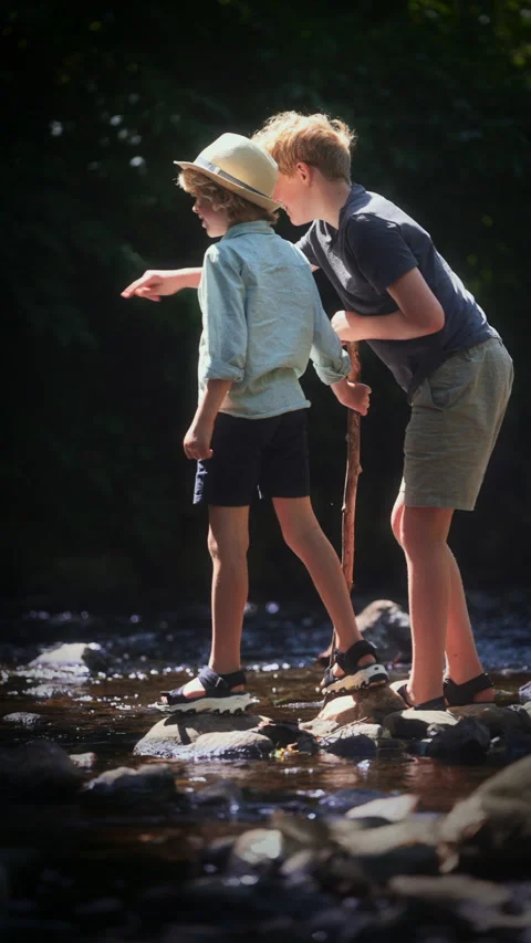 Older Brother Pointing Something Out Of Frame To His Younger Brother On Creek Stock Footage 283630211