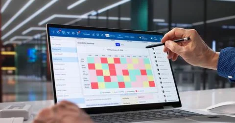 Older Consultant Analyzing Data On Laptop For Remote Software Development. Stock Photos