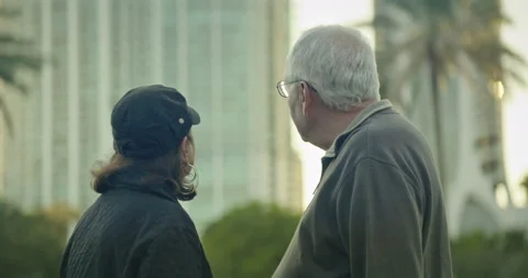 Older couple at a park looking at some buildings Stock Footage 234529980