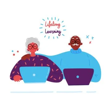 Older couple studying with a laptop.Vector Stock Illustration