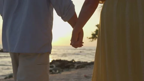 Older Couples Hands Interlocked as They Walk the Beach at Sunset Video stock 208749302