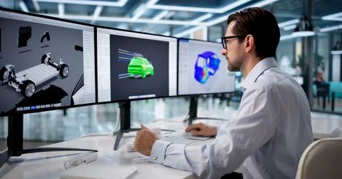 Older Engineer Uses Computer Software To Optimize Car Airflow Design Today. 库存照片