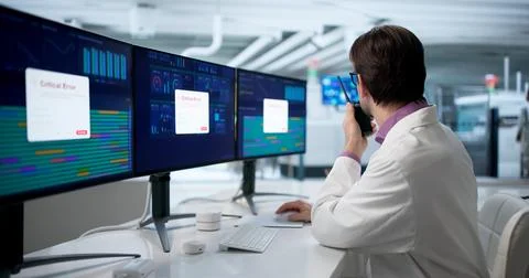 Older Engineer Watches Factory Computer Screen Showing Red Light Warning. Stock Photos