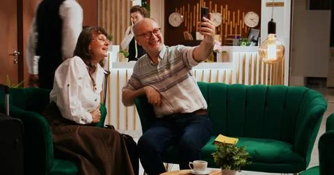 Older guests using videocall connection 스톡 사진
