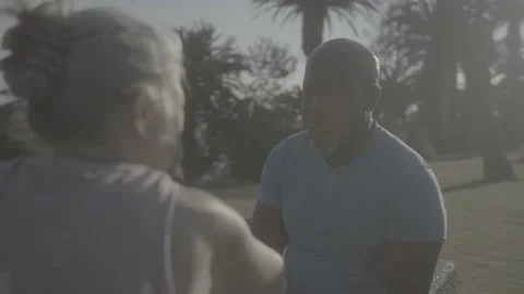 Older Interracial Couple on a Date Have a Conversation at a Beautiful Park Stock Footage 218629227