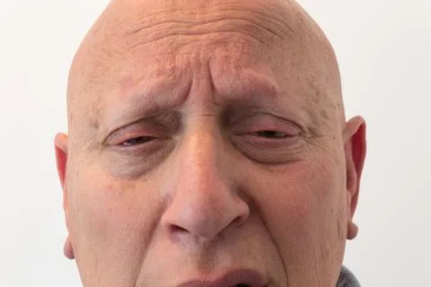 Older man close view of face with anxious pain, bald, alopecia, chemotherapy Stock Photos