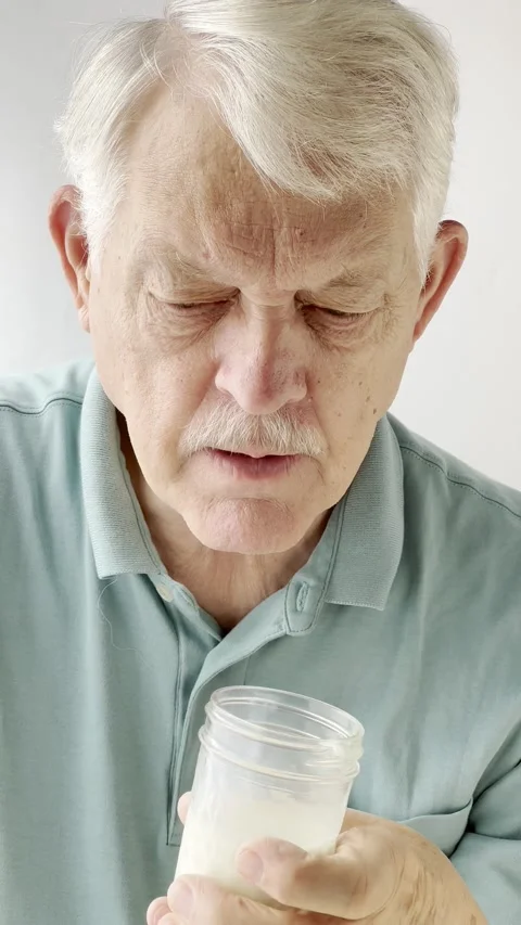 Older man drinks milk vertical Stock Footage 219240321
