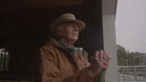Older Man In Hat Looking Out At Farm From Barn Stock Footage 270334705