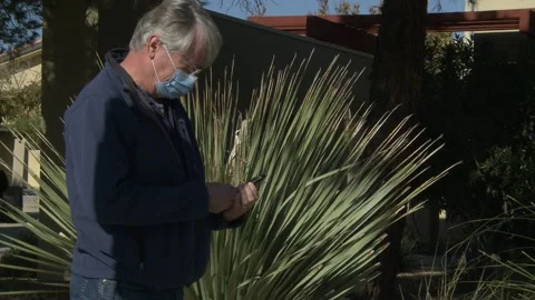 Older Man In Mask Using Cell Phone Vídeo Stock 141971368