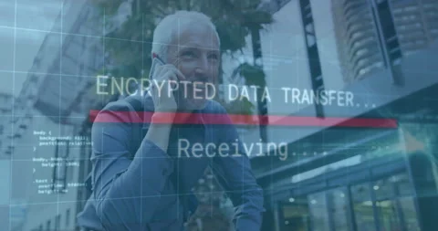 Older man on phone with encrypted data transfer animation overlay Stock Footage 304768341