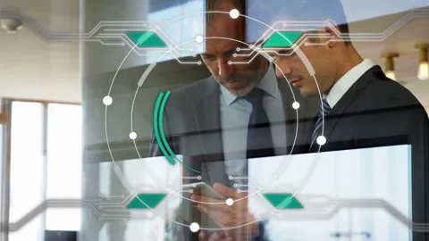Older man scrolling phone, peer leaning glass, rotating HUD adding lines, Stock Footage 333336431