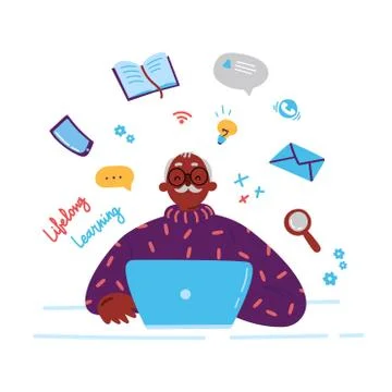 Older man studying with a laptop.Vector Stock Illustration