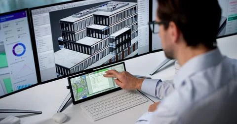 Older Man Uses Computer Software To Design Urban Map For Town Planning. Stock Photos