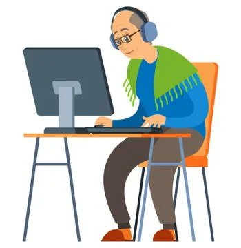 Older Man Using Computer, Senior and Pc Vector Stock Illustration