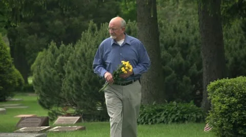 Older man walking through cemetery holding flowers Stock Footage 10972772