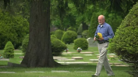 Older man walking through cemetery holding flowers Stock Footage 10972776