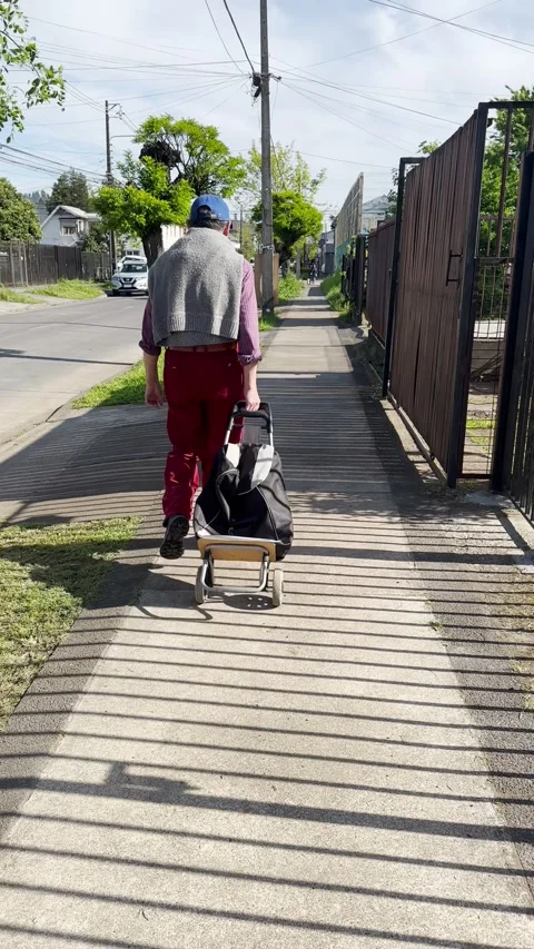 Older man walking through the city with a shopping cart. Stock Footage 319955592
