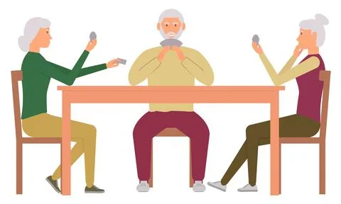Older people sitting at a table playing cards together. Joint entertainment Stock Illustration