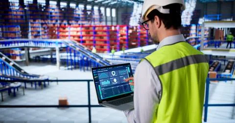 Older Worker Sits At Computer Inspecting Warehouse Data For Safety Standards. Stock Photos