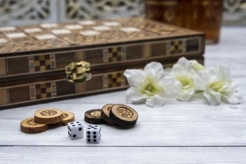 Oldest known board games Backgammon with cups of tee. Stock Photos