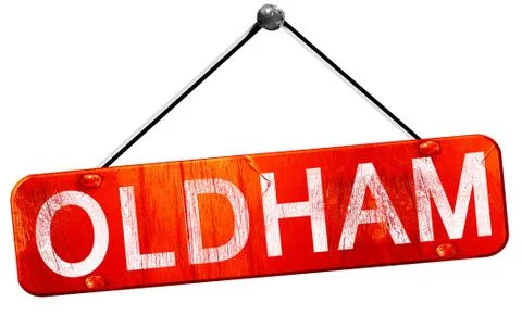 Oldham, 3D rendering, a red hanging sign Stock Illustration