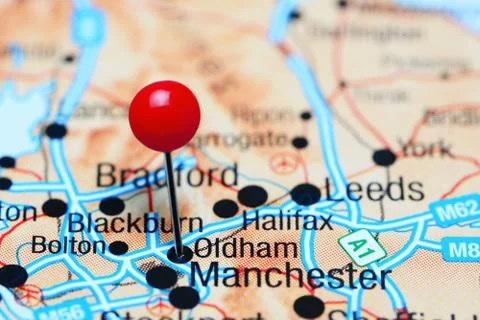 Oldham pinned on a map of UK Foto stock