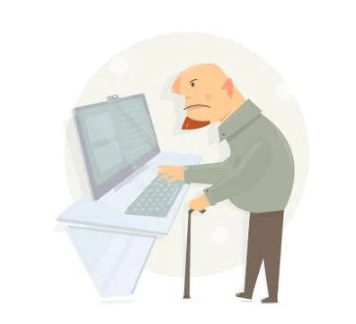 Oldster learns to use a computer. Gaffer looking on the Internet. Stock Illustration