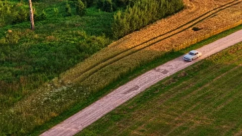 Oldtimer Car Driving Slowly on Path Through Fields at Golden Sunset Video stock 313913164