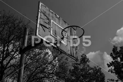 Old,unused basketball court,black and white Stock Photos