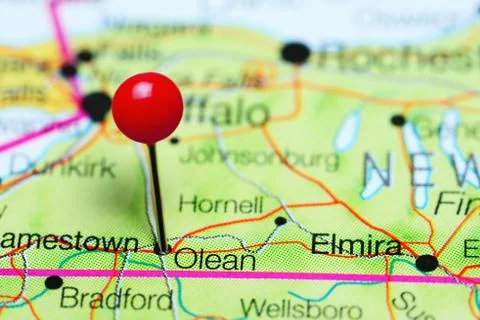 Olean pinned on a map of New York state, USA Stock Photos