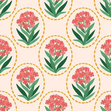 Oleander flower vector seamless pattern. Hand drawn blooming pink Nerium flower Stock Illustration