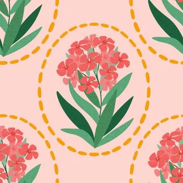 Oleander flower vector seamless pattern. Hand drawn blooming Nerium flower with Stock Illustration