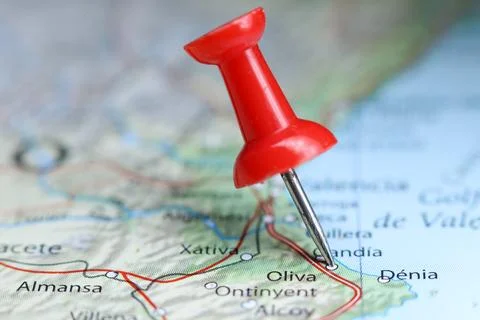 Oliva, Spain pin on map Stock Photos