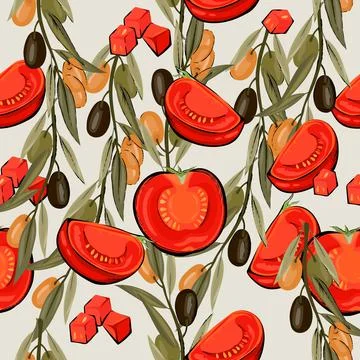 Olive and tomato seamless pattern design for food packs and kitchen , vector. Illustrazione stock