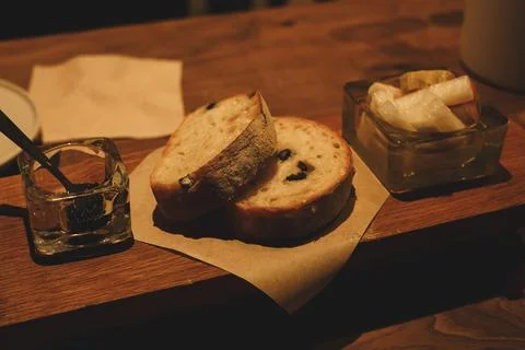 Olive Appetizer Bread and Black Olive Jam under Warm Light Stock Photos