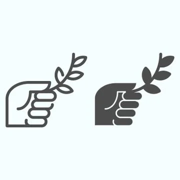Olive branch in hand line and solid icon. Symbol of peace in a hand vector 스톡 일러스트