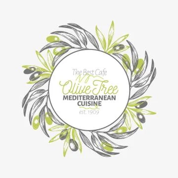 Olive branch logo template. Vector vintage illustration. Hand drawn engraved Illustrazione stock