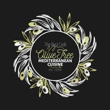 Olive branch logo template. Vector vintage illustration. Hand drawn engraved Illustrazione stock