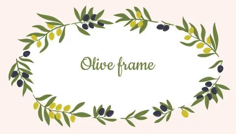 Olive branch round frame. Hand drawn wedding logo herb, with elegant leaves. Stock Illustration