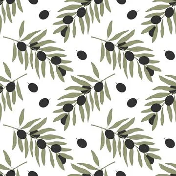 Olive branch seamless pattern with dark fruit and muted green leaves on white Stock Illustration