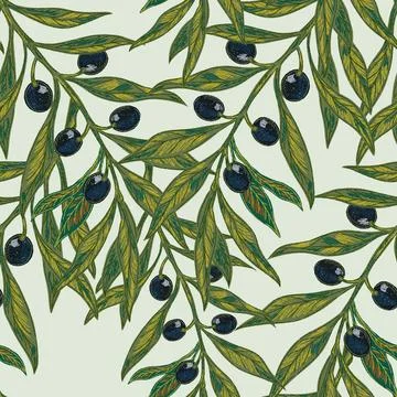 Olive Branch Seamless Pattern. Vintage hand-drawn illustration in a sketchy s Stock Illustration