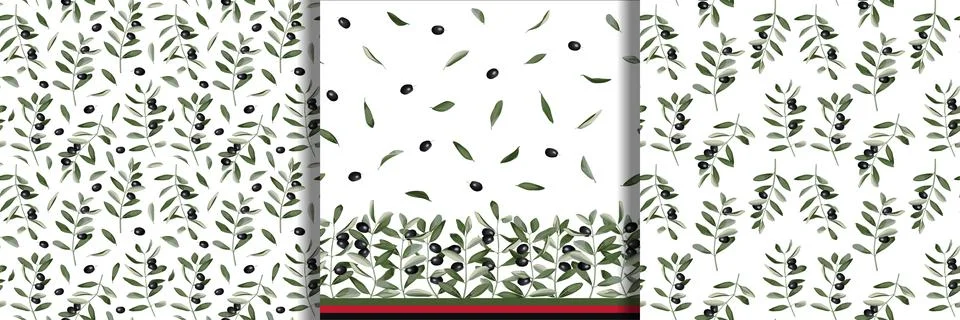 Olive Branch Seamless Patterns and Borders Set Stock Illustration