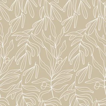Olive branch wallpaper vector. Boho, abstract seamless pattern. Floral, line, Stock Illustration