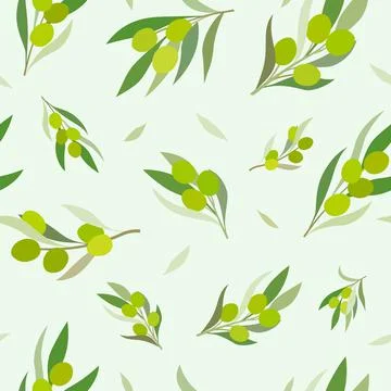 Olive Branches and Leaves on Clear Green Background, Vector Seamless Pattern Stock Illustration